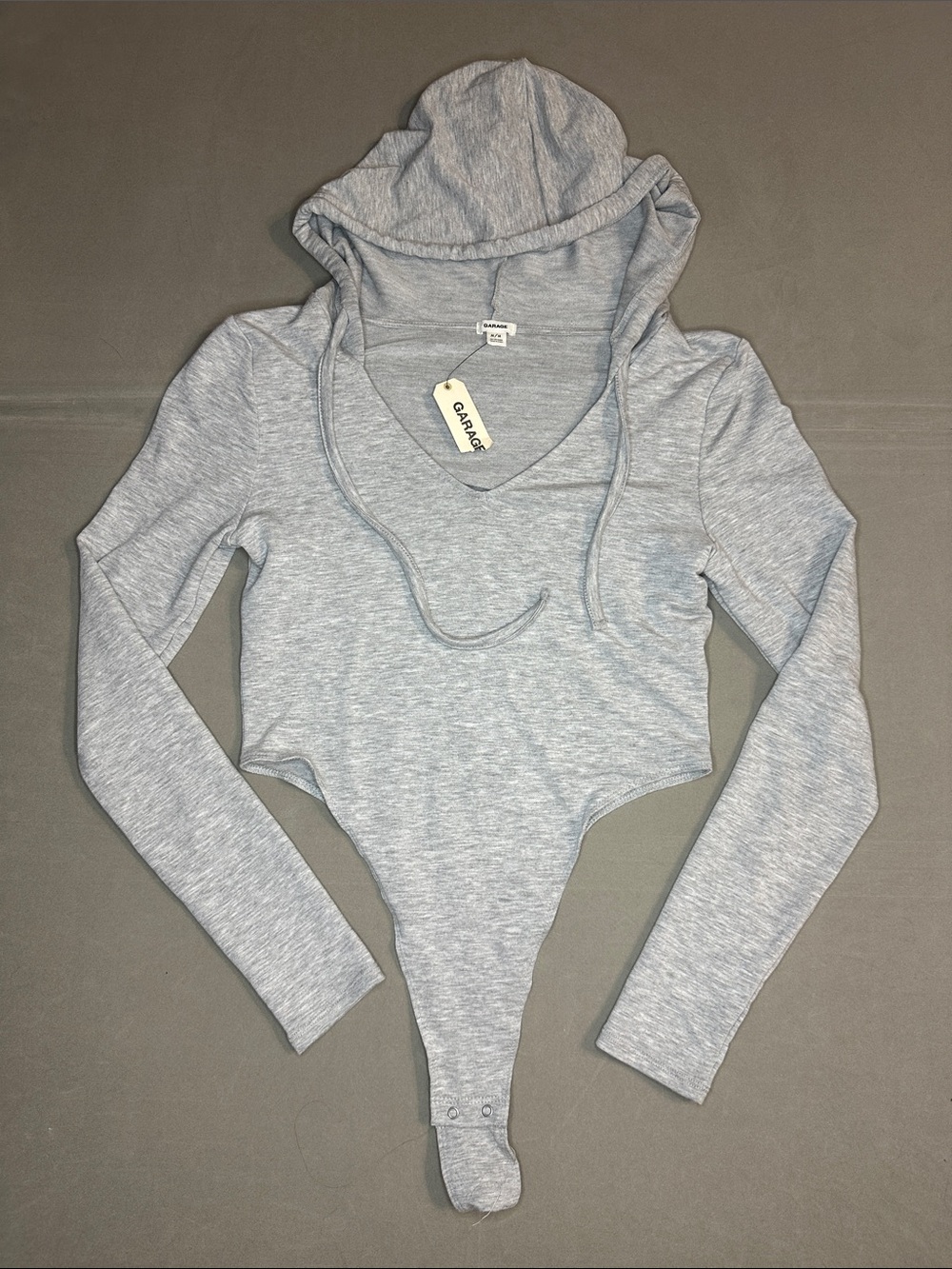 Garage Light Heather Gray Hooded Long Sleeve Bodysuit- M